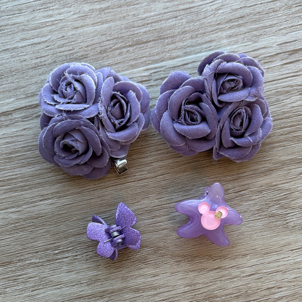 Purple Hair Clip Set for Kids: Roses, Pink Mickey and Butterfly